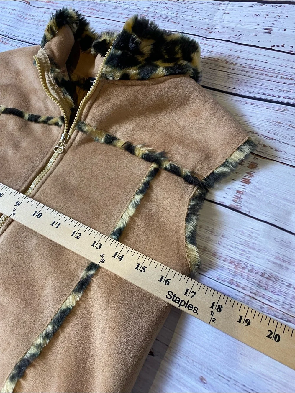 Faux Suede Tan Vest with Leopard Trim Juniors Sz-M
